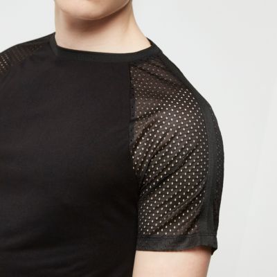 Black mesh raglan sleeve T-shirt